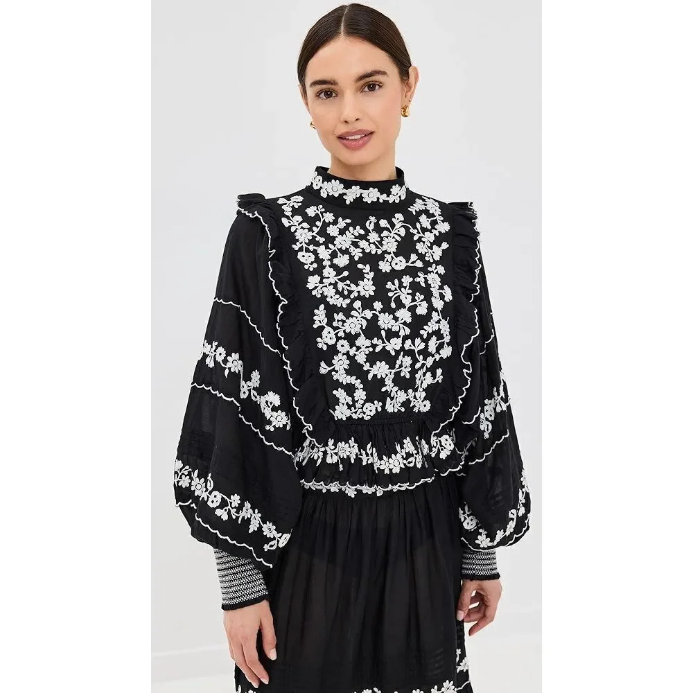 Farm Rio Women's Black White Embroidered Ruffle Long Sleeve Blouse Small NWOT
